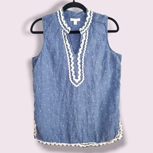 Charter Club Women Blue Linen Dot Sleeveless V-Neck Tunic Top Size Medium